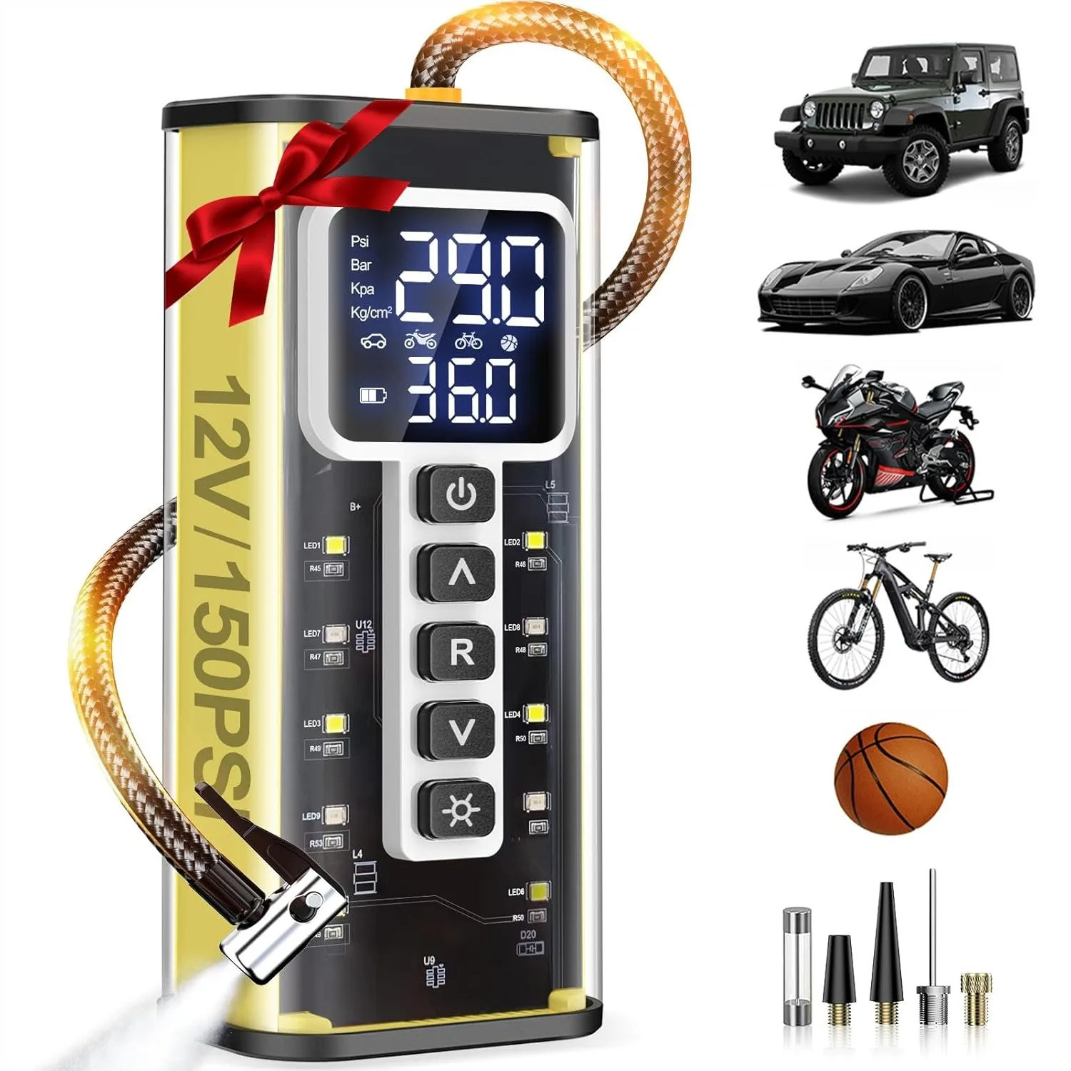 

Tire Inflator Portable Air Compressor, 150 PSI Cordless Tire Pump for Car Tires with Pressure Gauge, Auto-Off, LED Light, USB