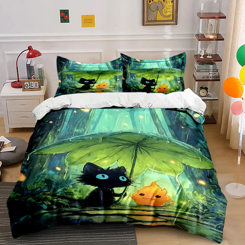 Cat and flame under leaf umbrella Printed Duvet Cover Set 1 Duvet Cover+2 Pillowcase Multi Size Bedroom Bedding Decoration