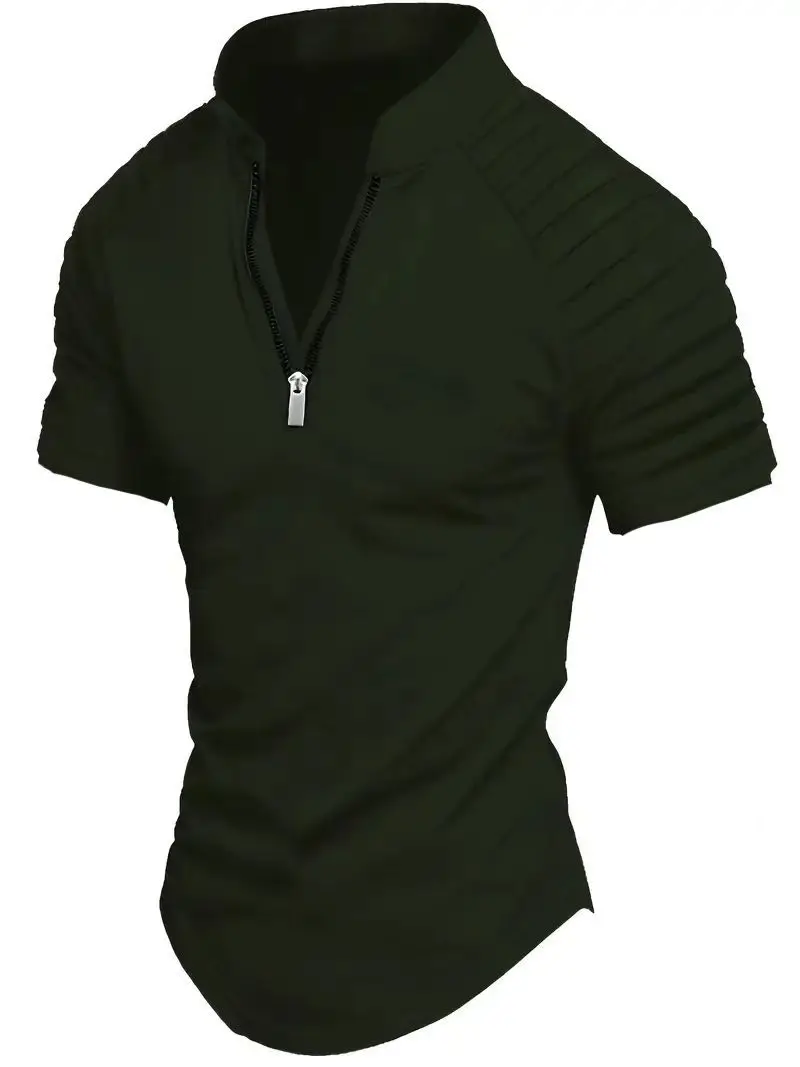 Men's POLO Shirt Spring Sports Solid Color Standing Collar Pleated Zipper Breathable Casual Summer Fashion Top Short Sleeve image 2