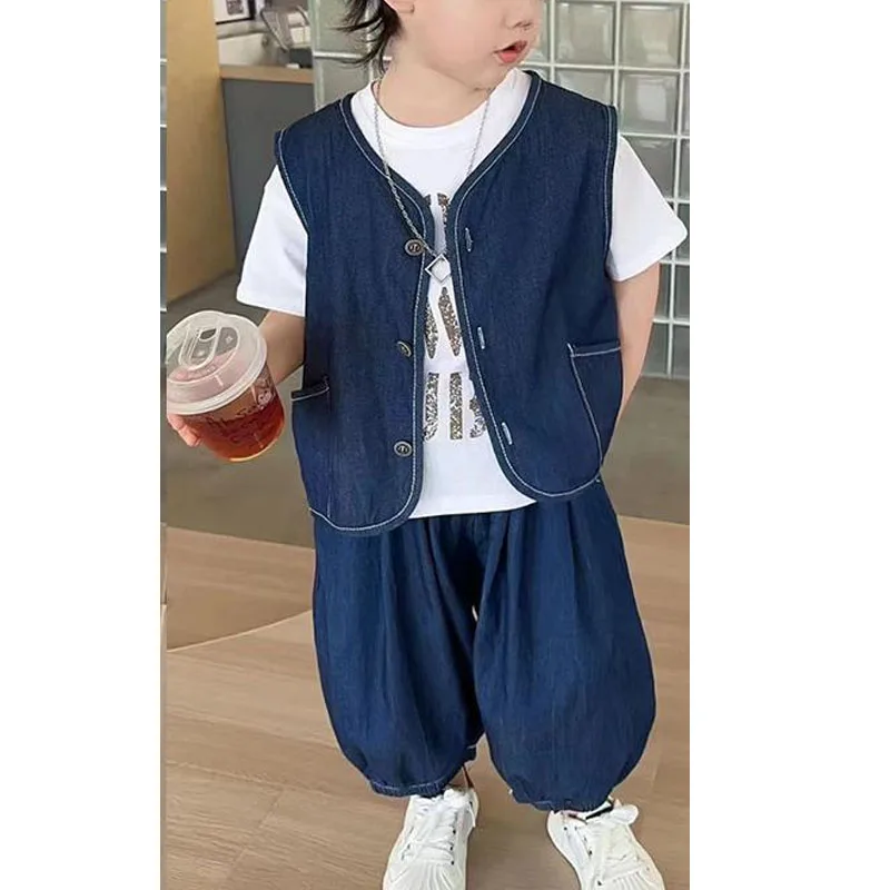 

2024 Summer New Boys Solid Color Spliced Pockets Button Sleeveless Fashion Trendy Loose All-match Casual Cowboy Vest Set