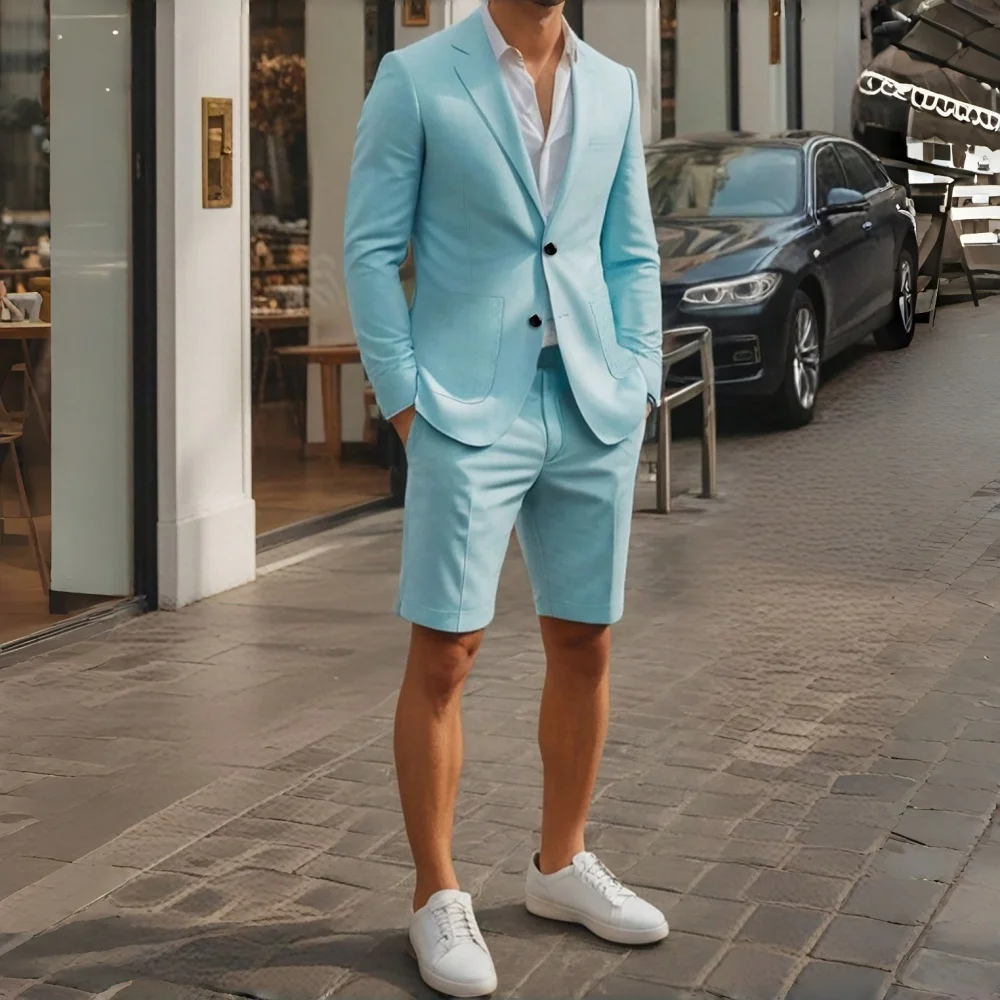 

Sky Blue Summer Men Suits with Short Pants 2 Pieces Beach Men Suits Casual Lightweight Blazer Shorts Set for Holiday Party