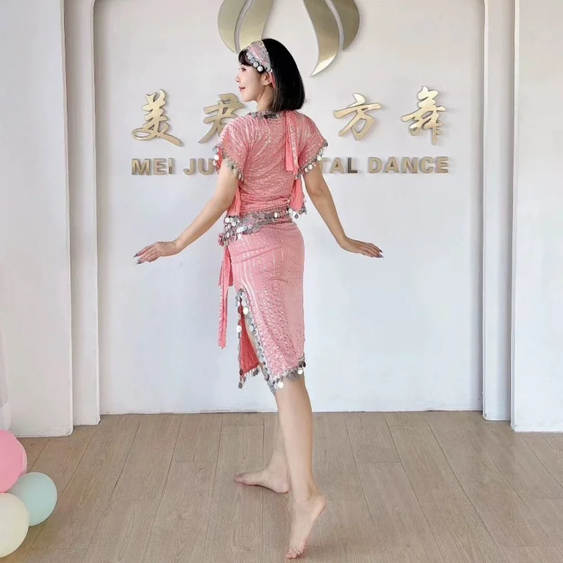 Belly dance high-end sequin robe+headscarf+waist belt 3pcs performance costume Oriental dance saidi baladi folk dance costume