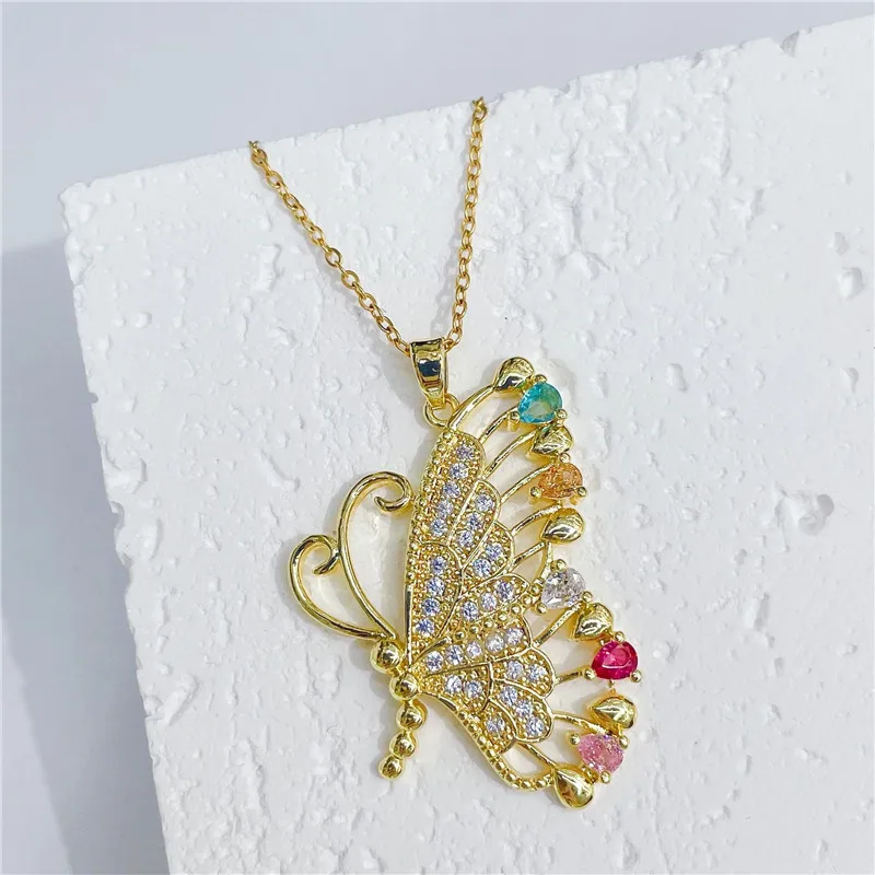 Luxury Colorful Zircon Big Butterfly Pendant Necklace Stainless Steel Choker Collar Jewelry Party Gifts For Women Girls