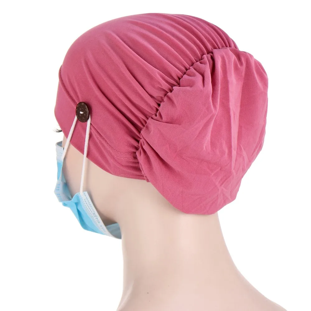 Ear Protection Pleated Turban Fashion Hair Accessories Cotton Cap Button Render Solid Color Chemo Cap Women