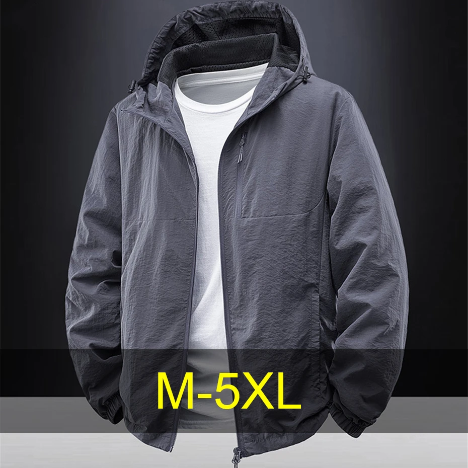 

Summer Thin Jacket Men Breathable Jacket Fashion Casual Solid Color Hooded Camp Jackets Coats Male Big Size 5XL Outerwear