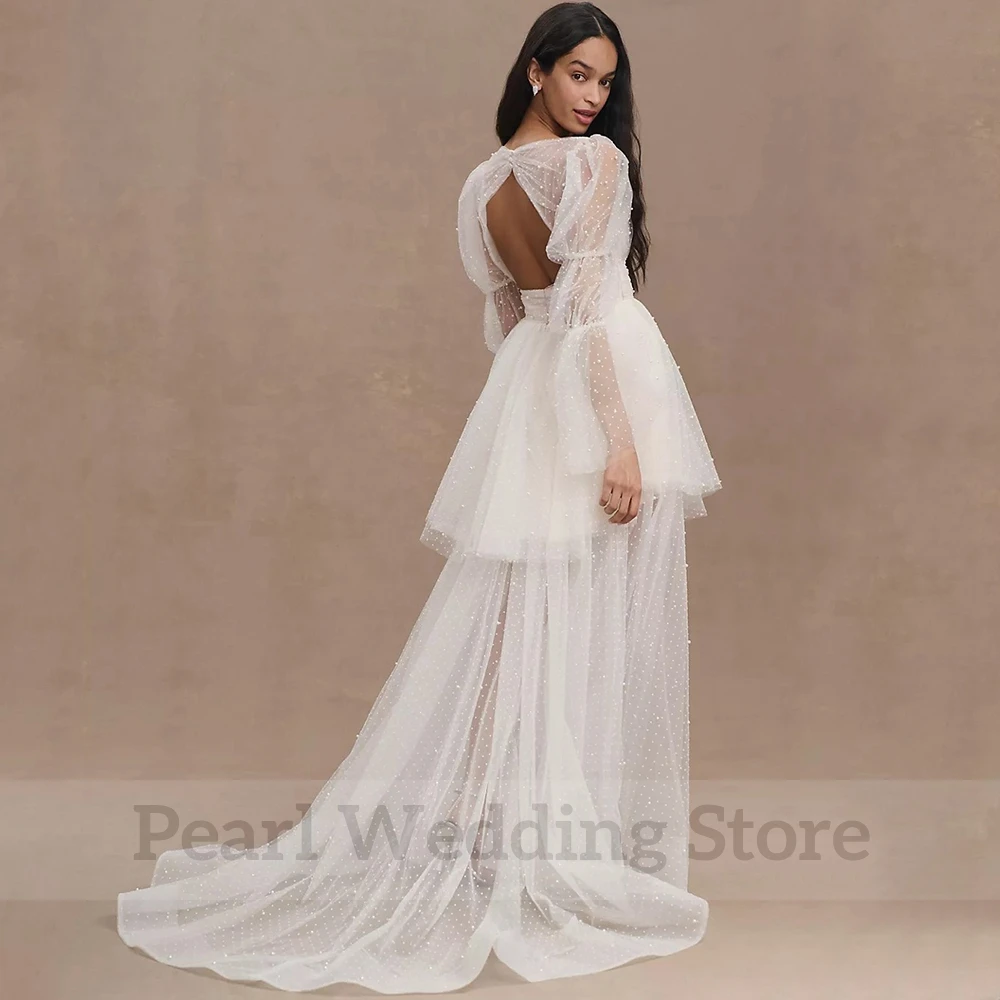 Charming Short Wedding Dress Deep V-Neck Illusion Long Sleeve Sexy Backless with Detachable Sweep Train Bridal Marriage Gowns