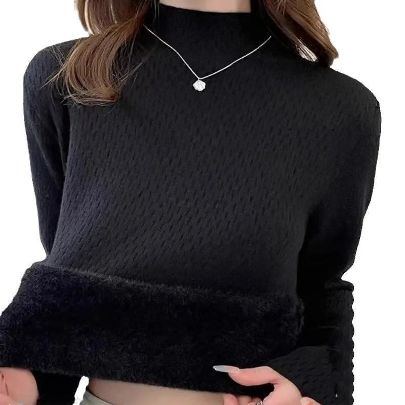 البلوزات مبطنة بالصوف طويلة الأكمام محبوك سترة المرأة البلوفرات الجديدة وهمية الرقبة متماسكة سترة البلوز النساء بلايز تريكو Q2051 #3