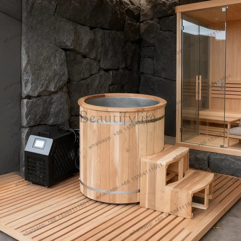 PG New Design Wooden Ice Bath Cold Plunge Tub 1 Person Freestanding Style Complete With Chiller And Water Filter Equipment