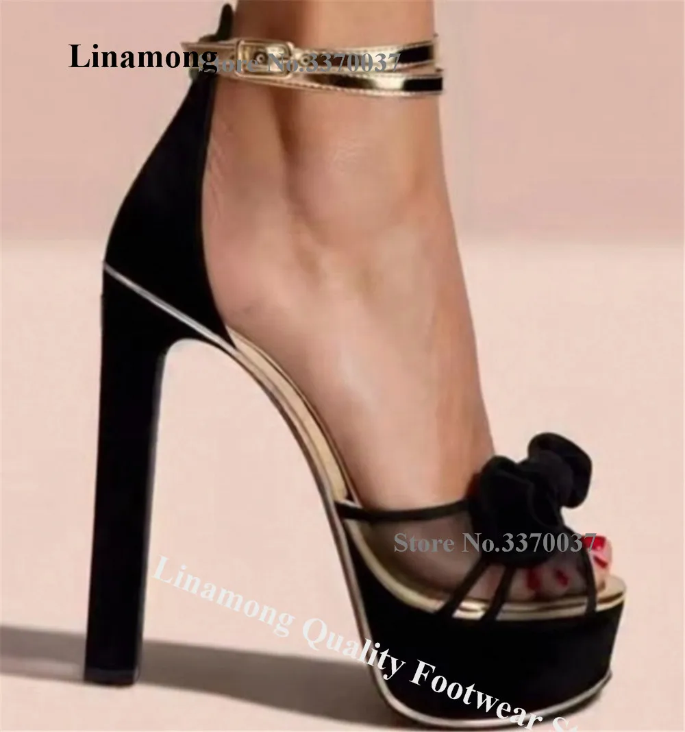 Linamong Black Suede Patchwork Gold Straps Chunky Heel Sandals Open Toe Mesh High Platform Thick Heel Wedding Pumps