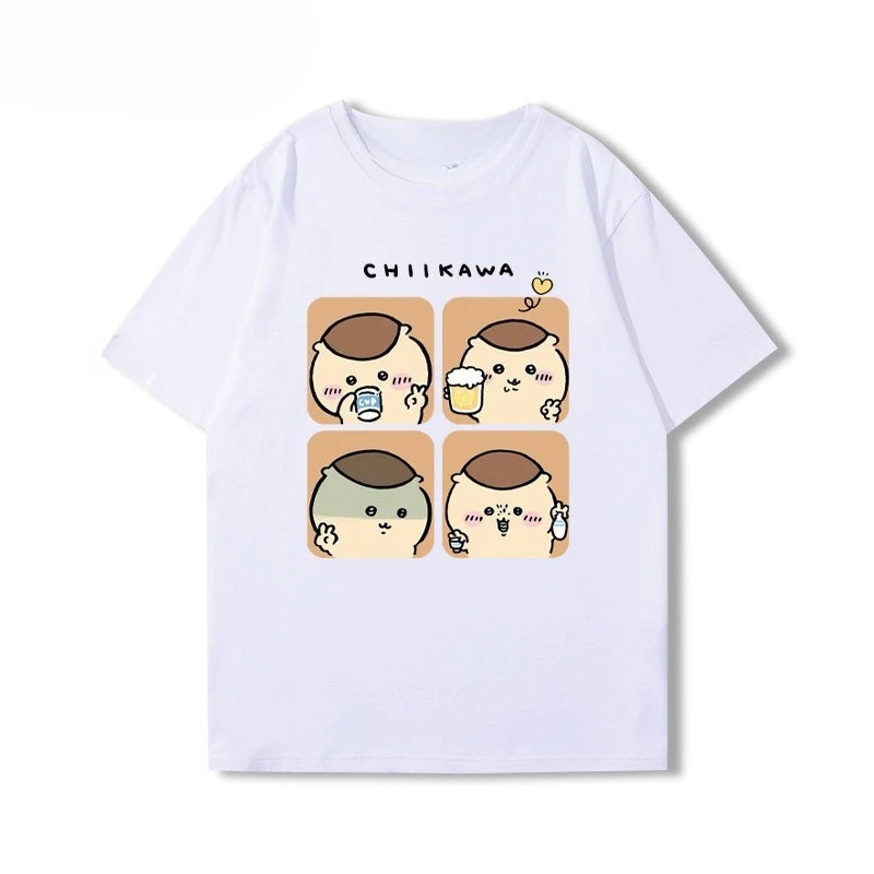 Chiikawa 4-Panel Comic T-Shirt Cute Kawaii Emoji Style Unisex Oversize Loose Casual Short Sleeve Cotton Top for Men Women