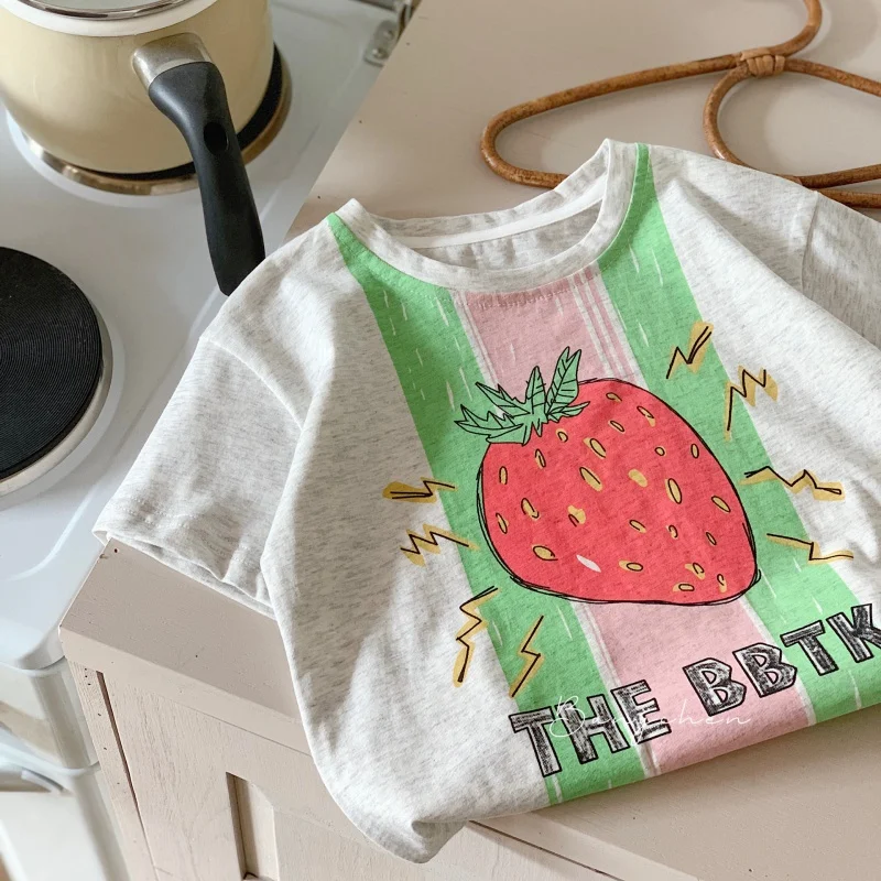 ChildrenTT-shirt2024Summer New Boys' Large Strawberry Casual TopsTT-shirt Children's Short Sleeve G0188-WS