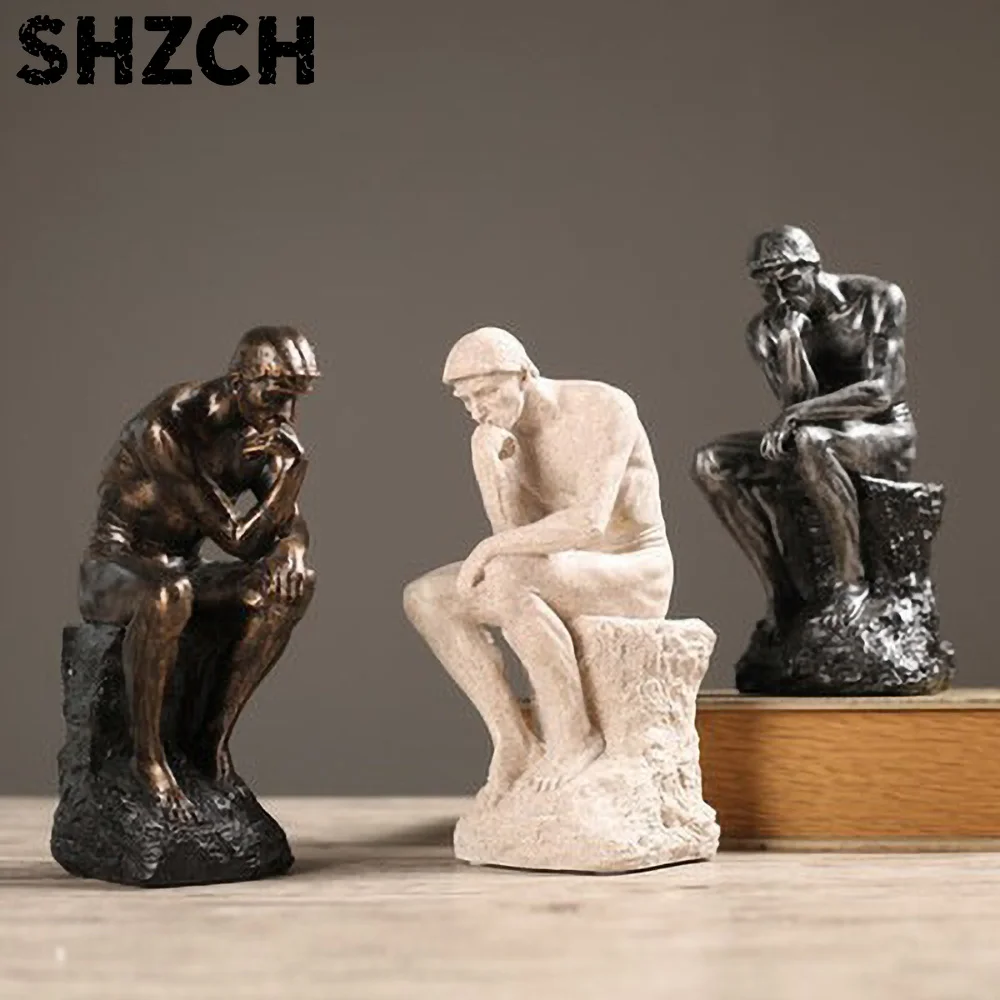 Nordic Thinker Statue, Minimalist Resin Sculpture with Sandstone Finish for Office Desk Decor and Mindfulness Meditation Gift