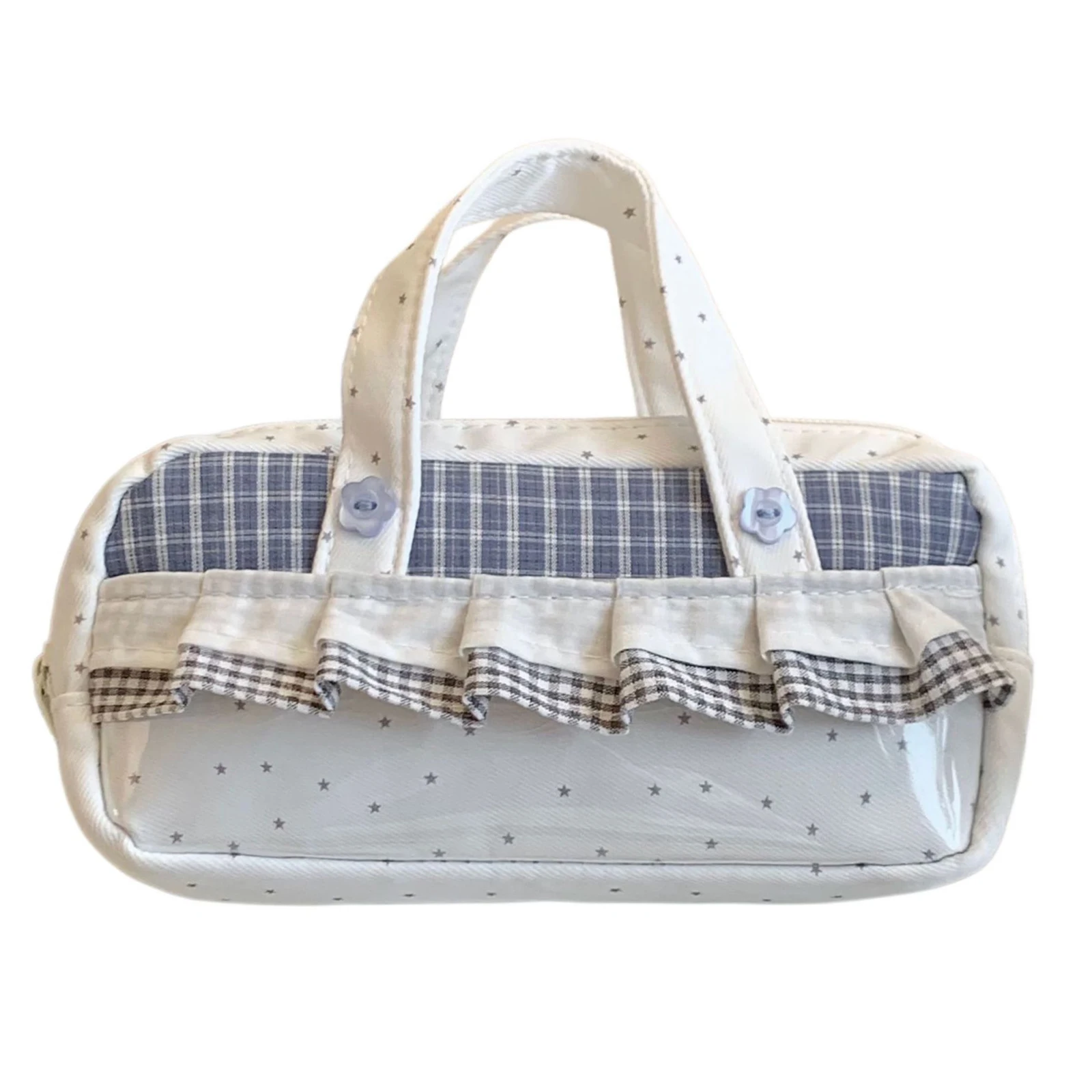 White Grid Star Pencil Pouch with Handle Multi-Purpose Large Capacity Korean Plaid Style Ruffle Stationery Bag