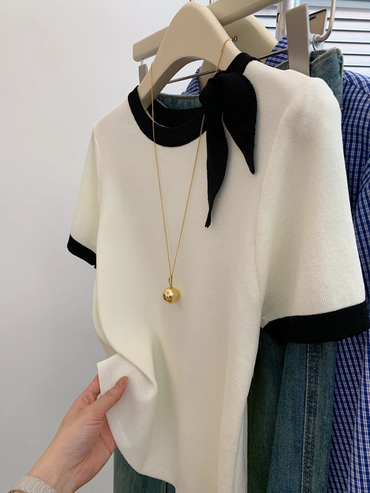 تي شيرت نسائي كبير الحجم مع عقدة من الحرير الجليدي المحبوك ort Sve الكورية Sle تصميم الصيف الإحساس العمر المخفض...