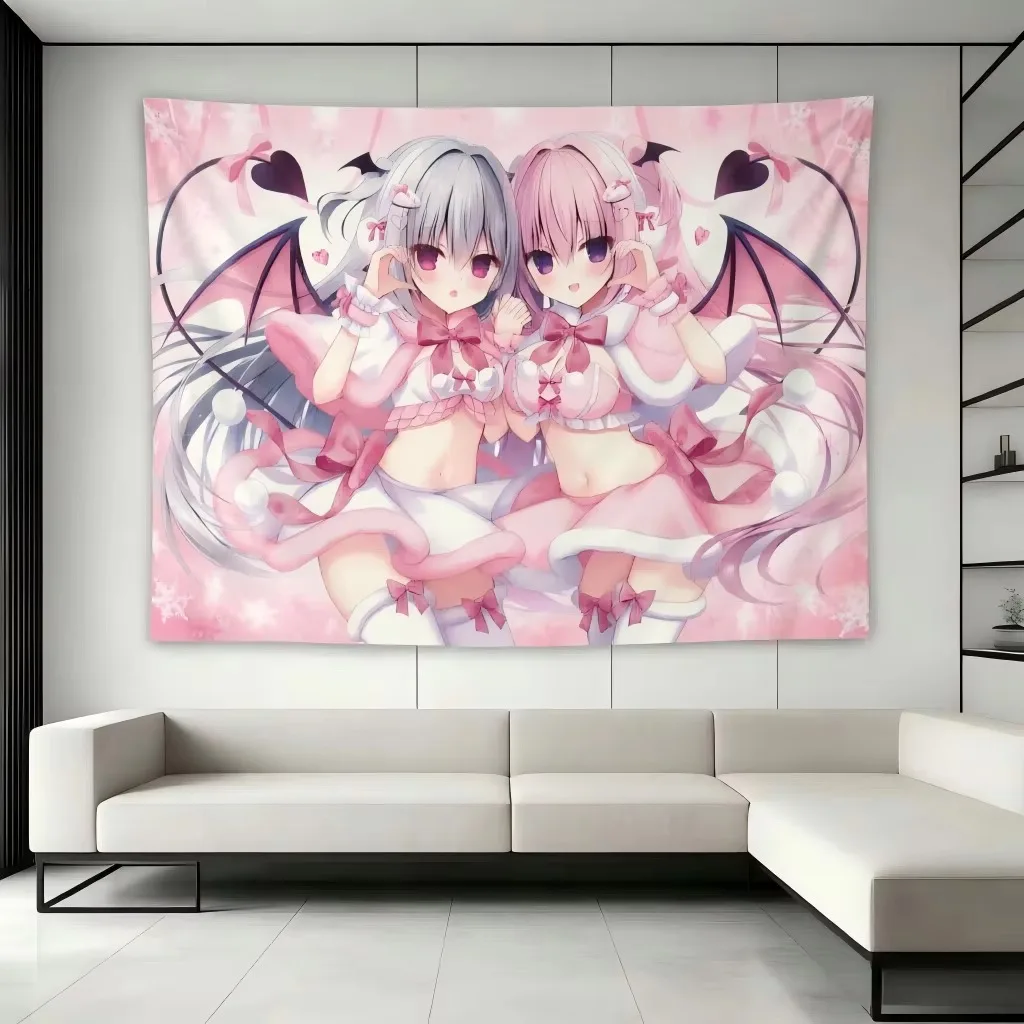 Kawaii Pink Succubus Twins Pastel Tapestry, Cute Demon Girl Anime Wall Hanging Decor for Bedroom Dorm Room Aesthetic Gift