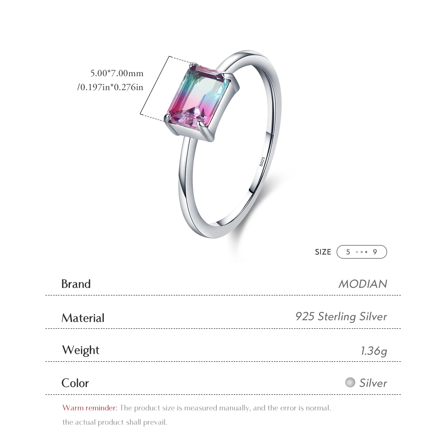 Modian Vintage Design Candy Tourmaline Ring 100% 925 Sterling Silver Rectangle Charm Simple Finger Rings For Women Fine Jewelry