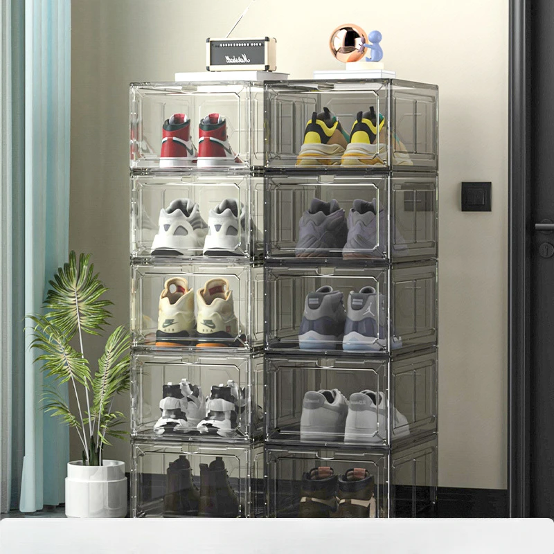 Simple plastic flip style combination shoe cabinet, household dormitory, magnetic suction handle, storage box, shoe box