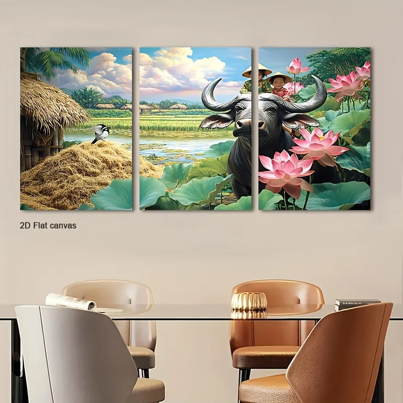 Frameless canvas 2D Flat, 2D Flat, 2D Flat Set Of 3pcs Of 2D Flat Canvas Artwork Featuring A Rural Scene With A Buffalo And,