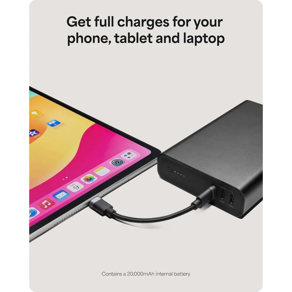بنك طاقة USB-C عالي السرعة بقدرة 20,000 مللي أمبير في الساعة مع مخرج 45 وات، يشحن 3 أجهزة في وقت واحد، يوفر رسوم هاتف متعددة