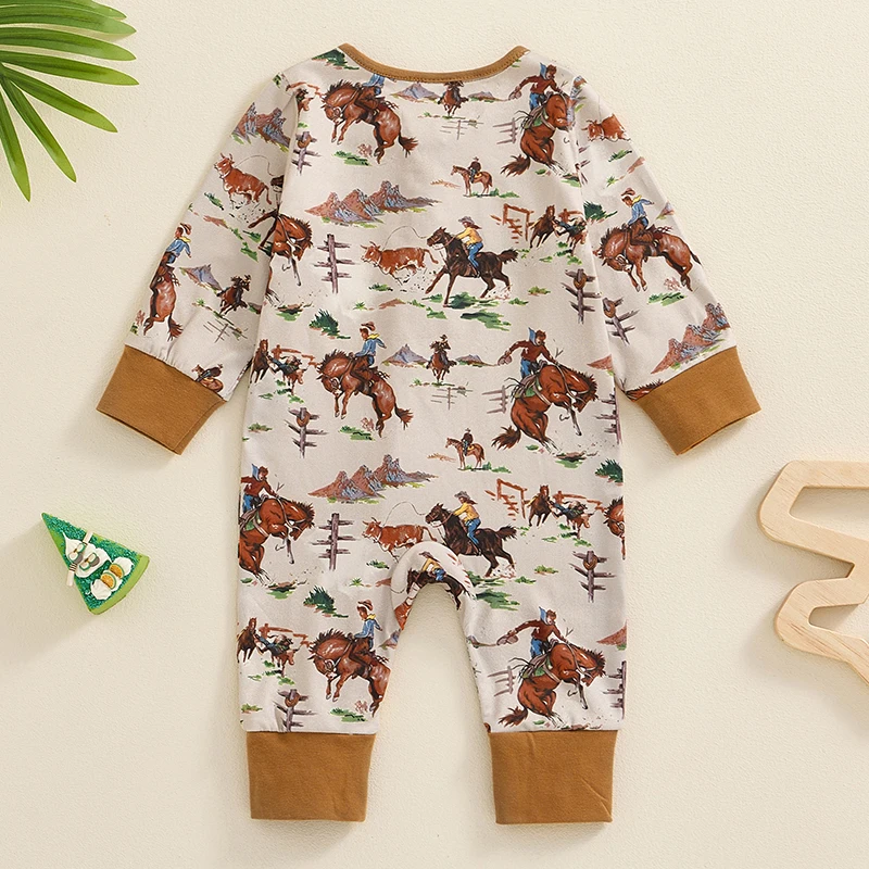 Western Baby Boy Fall Clothes Horse Cow Print Long Sleeve Romper Zipper Jumpsuit Playsuit  Cowboy Outfit