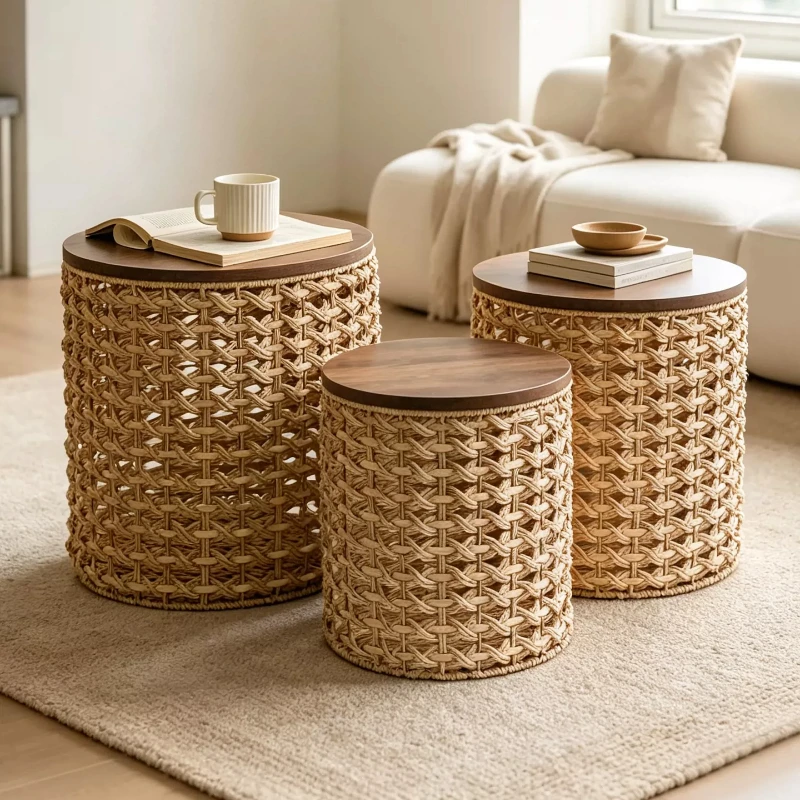 Woven Storage Bin with Lid for Living Room Multifunctional Side Table Floor Clutter Organizer Basket Rattan Decor Home Stools