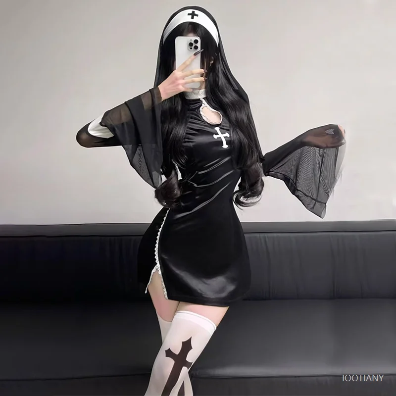 

2026 Halloween Costumes For Women Nun Cosplay Dress Gothic Sexy Tempting Uniform Party Performance Clothing Horror Movie Prop