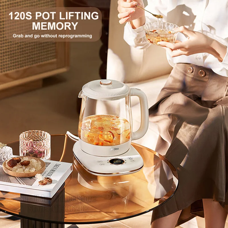 Midea 1.5L กาน้ำชาดอกไม้อเนกประสงค์แบบ teko listrik, หม้อถ้วยชงชาเพื่อสุขภาพในสำนักงานกาต้มน้ำร้อนปรับได้ไฟ220V