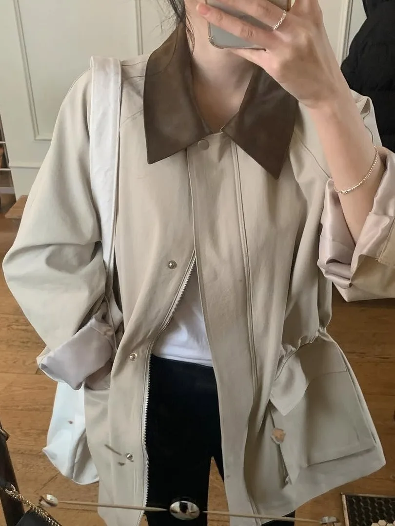 

Faionable Retro Lapel Dstring Design Loose Casual Mid-Length Overcoat Women's Top Ele Quali Autumn Windbreaker