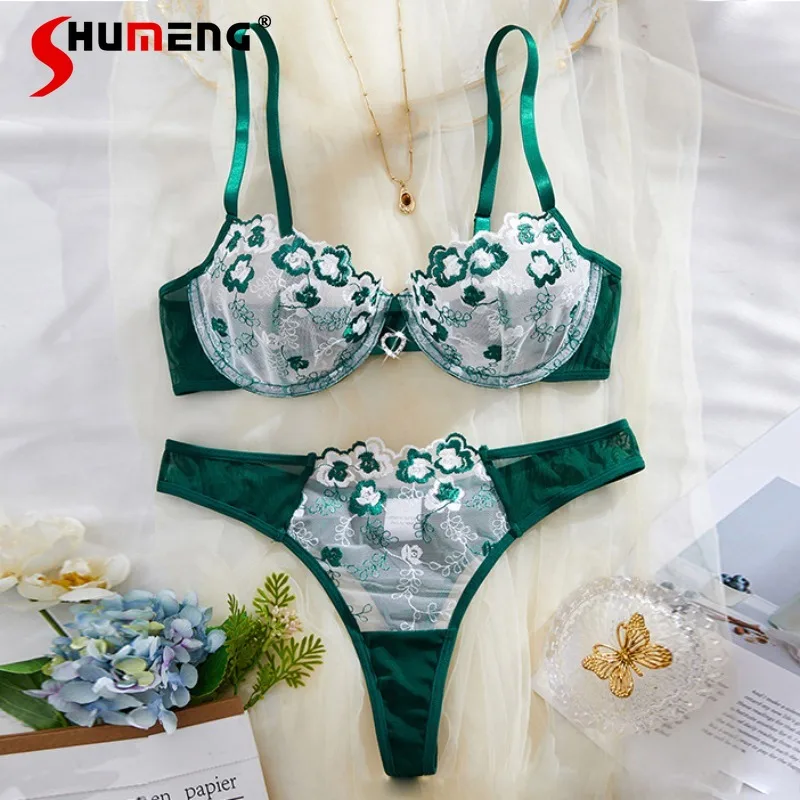 

Women's Embroidered Bra Set with Underwire French Pure Desire Sexy Lingerie Brief Suits Female Push Up Underwear Intimates