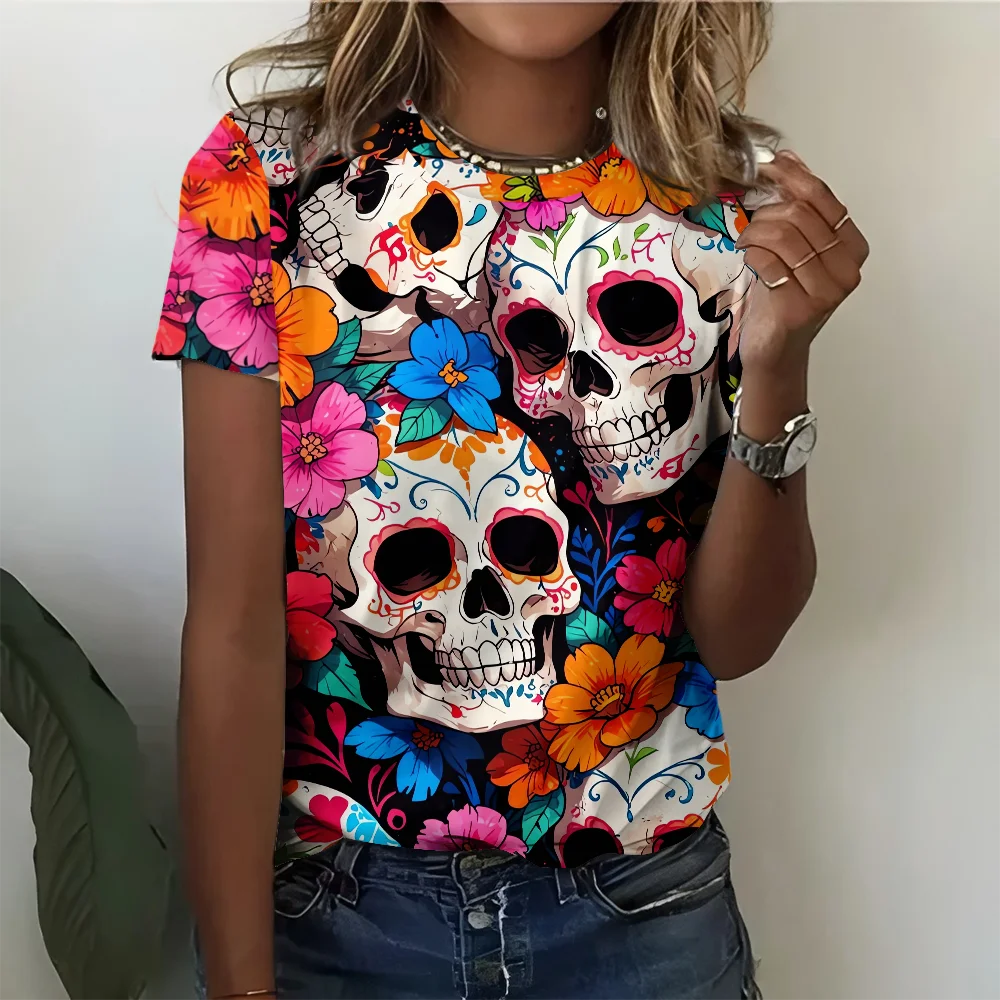 

Colorful Patterned Skull Head Women's T-shirt New Casual Fashionable And Comfortable Round Neck Short sleeve