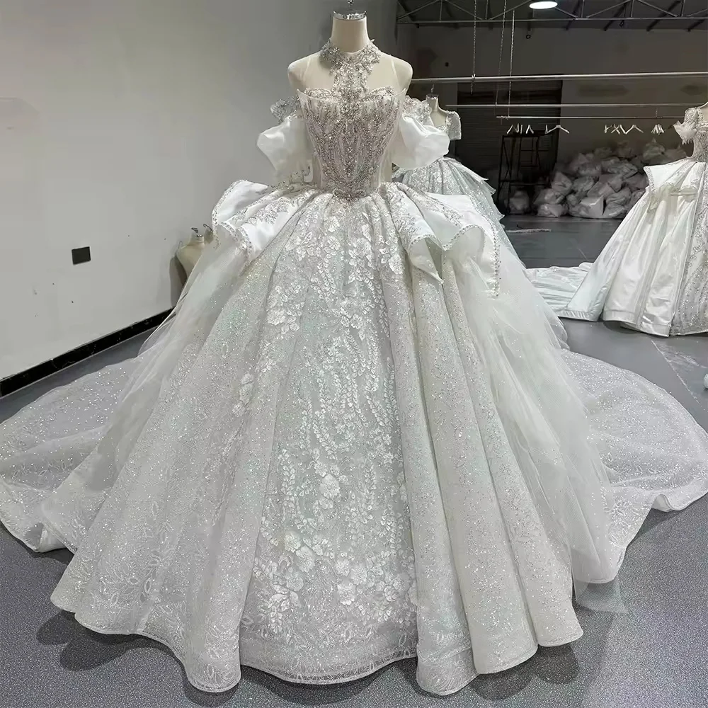 

웨딩드레스 Off Shoulder Halter Beading Crystal Ball Gown Wedding Dress Lace Up Keyhole Back Bridal Dress vestido de novia