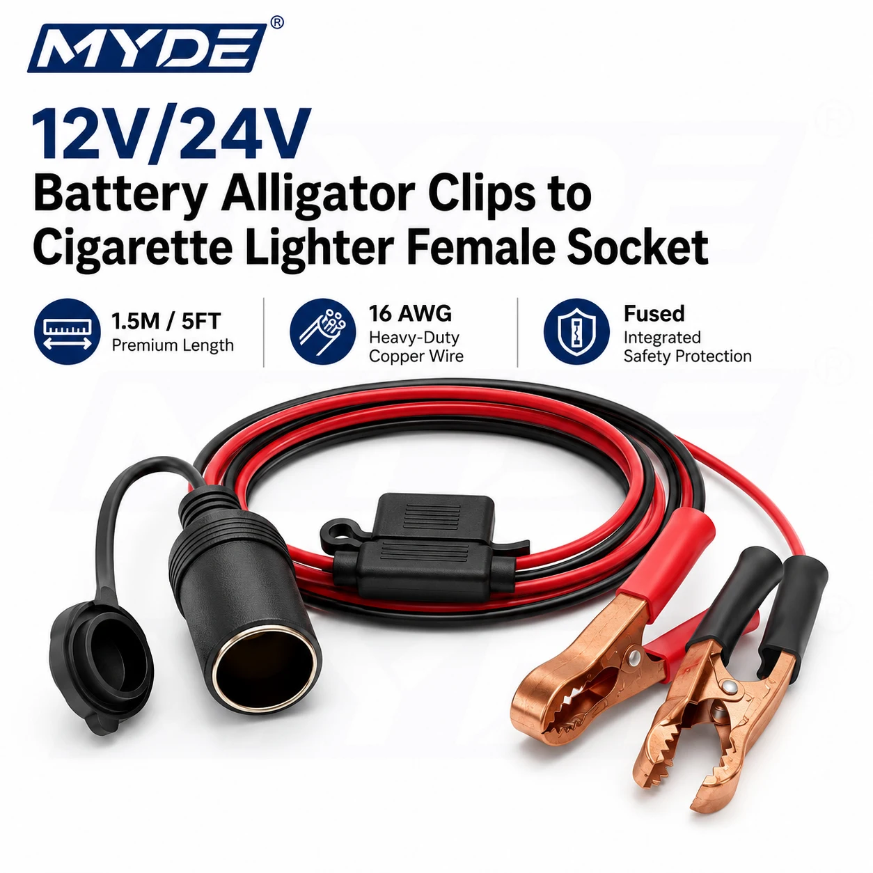 12V/24V Batterie-Krokodilklemmen auf Zigarettenanzünder-Buchse Kabel, 16AWG Gesicherter Stromadapter für Auto, Wohnmobil, Boot – Detail 1