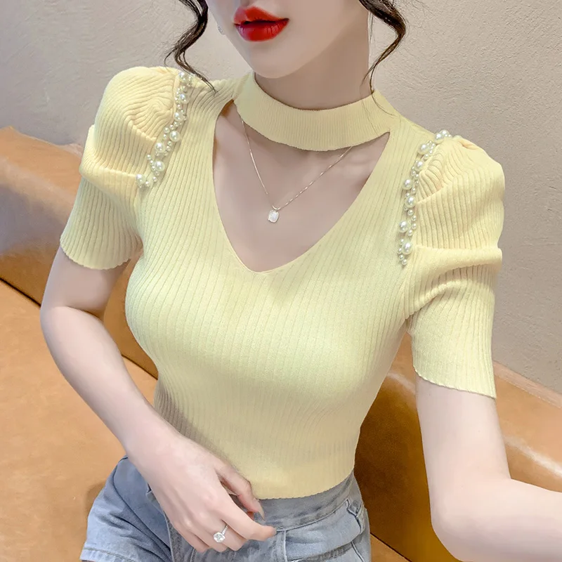 Korean V Neck Knitted T-shirt Women Hollow Ruffle Sleeve Summer Slim Top