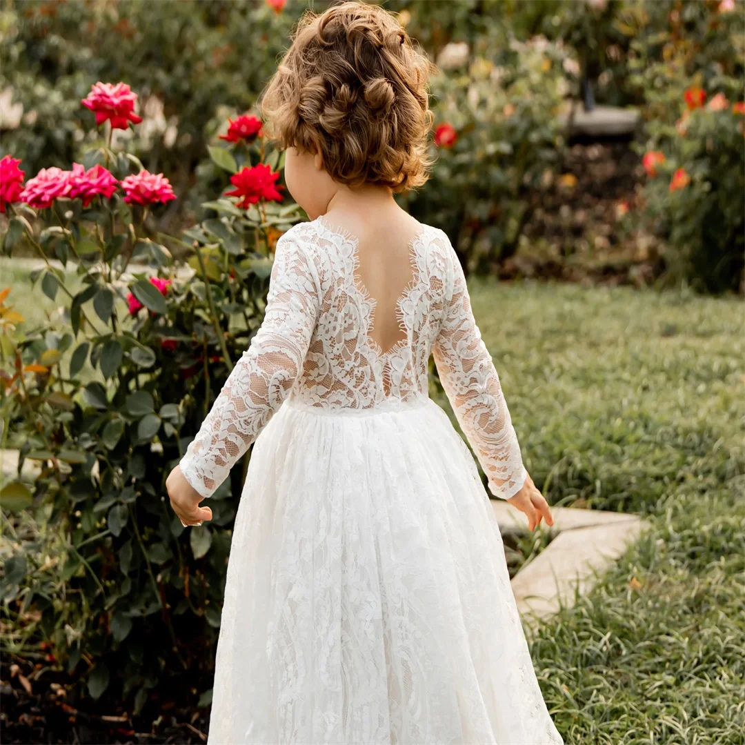 Customized Lace Boho Flower Girl Dress  Long Sleeve A-Line First Communion Gown for Little Kid Infant Baptism Junior Bridesm