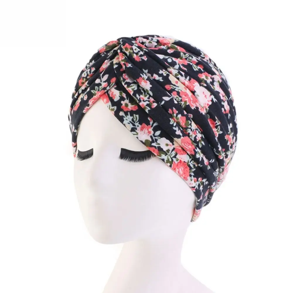 New Soft Pastoral Style Ruffled Turban Hat Floral Print Headwrap Turban Hats Cotton Chemo Cap Women