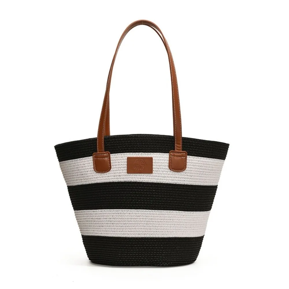 

Large Capacity Stripe Woven Tote Bag Polyester Lightweight Shopping Straw Bag Contrast Color Leather Summer Beach Handbag Daily