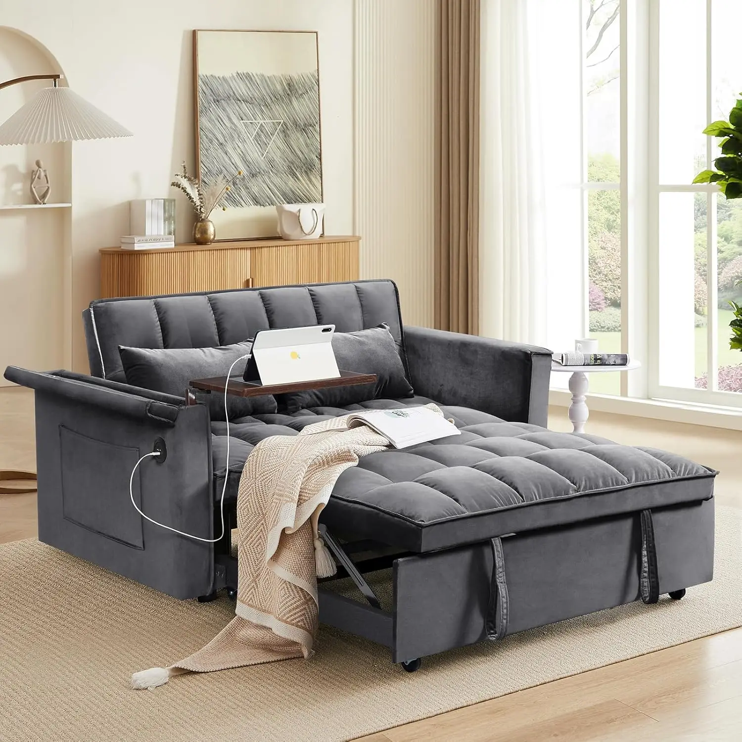 

3 in 1 Sleeper Sofa Bed,Convertible Pull-Out Couch Bed,Futon Couches for Living Room with Side Pocket and Adjustable Backrest |