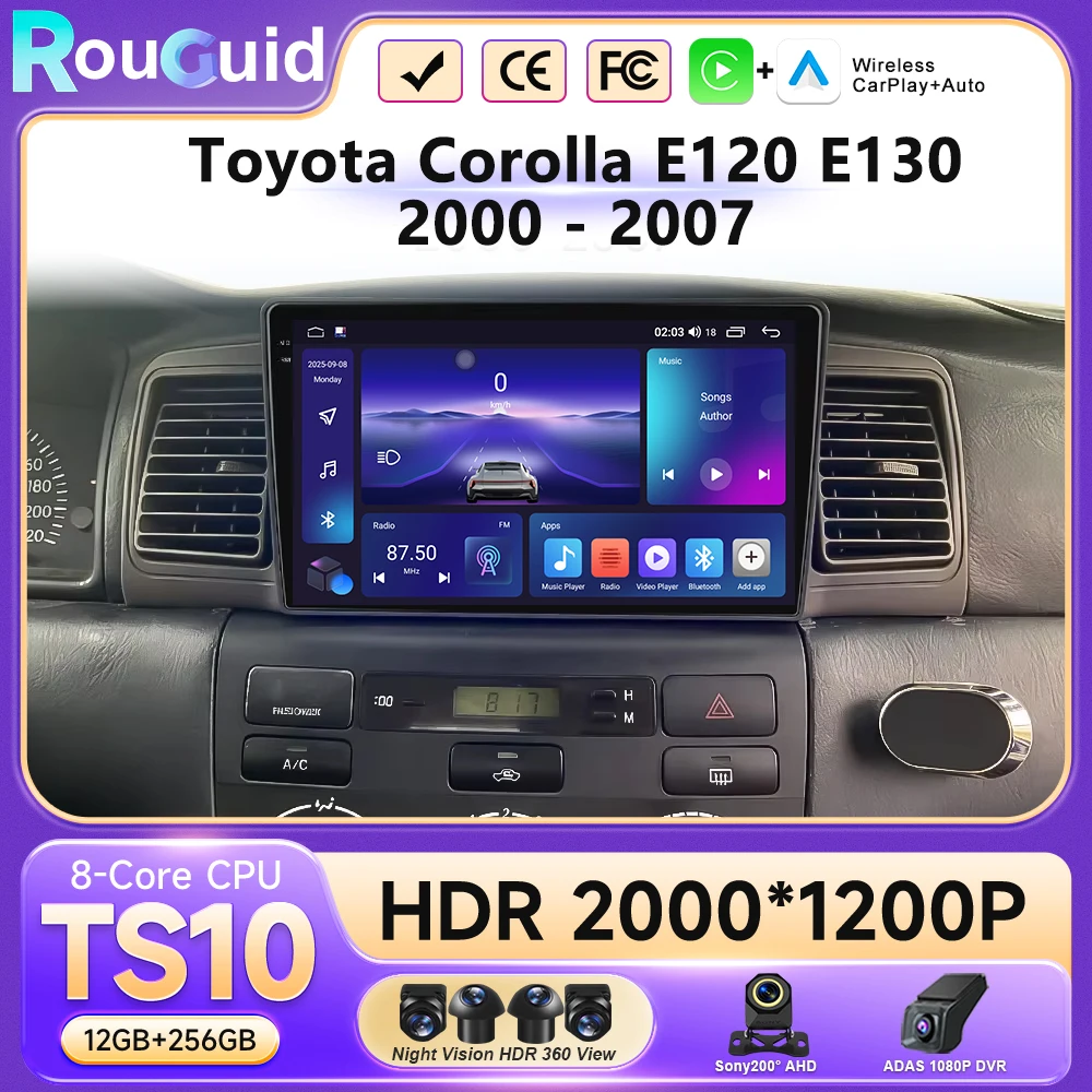 

Автомагнитола 12+256 ГБ с беспроводным подключением для Toyota Corolla E120 E130 2000-2007, 2DIN, GPS, Android 16, автомобильная аудиосистема