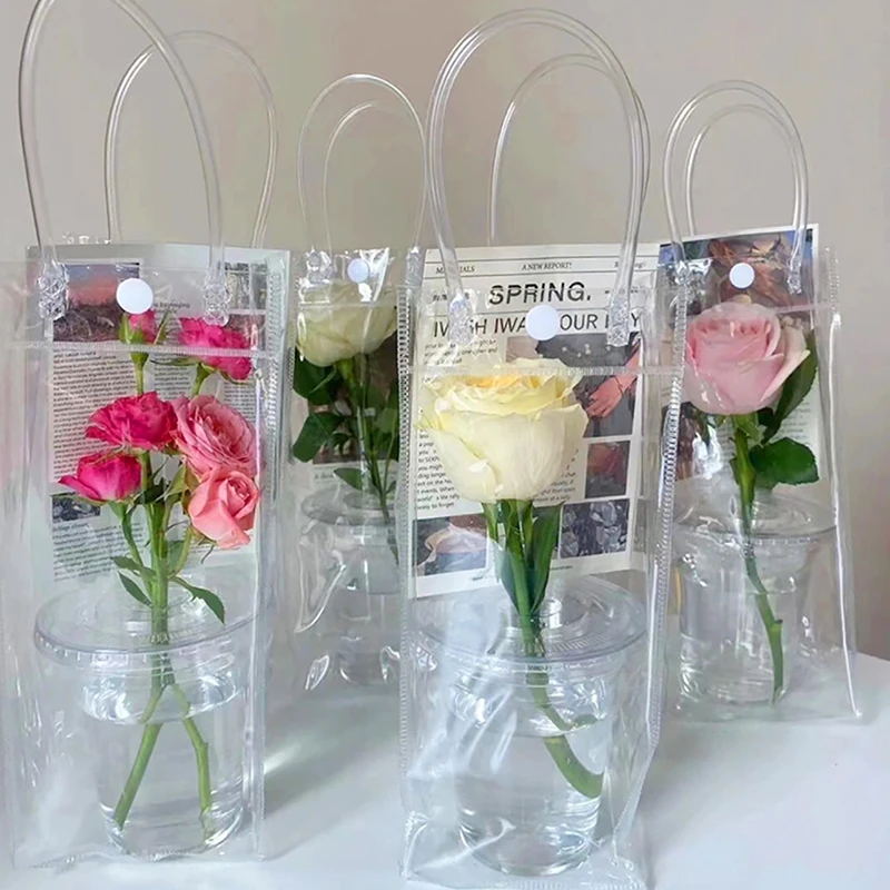 PVC Flower Bag Stall Flower Bag Transparent Tote Bag DIY Simple Cup Flower Single Flower Shop Packaging