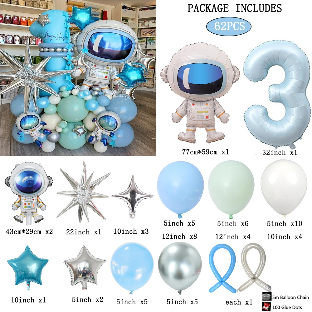 62pcs Outer Space Theme Party Astronaut Balloon 1-9Number Foil Balloons Boy Birthday Party Decorations Kids Baby Shower Gift