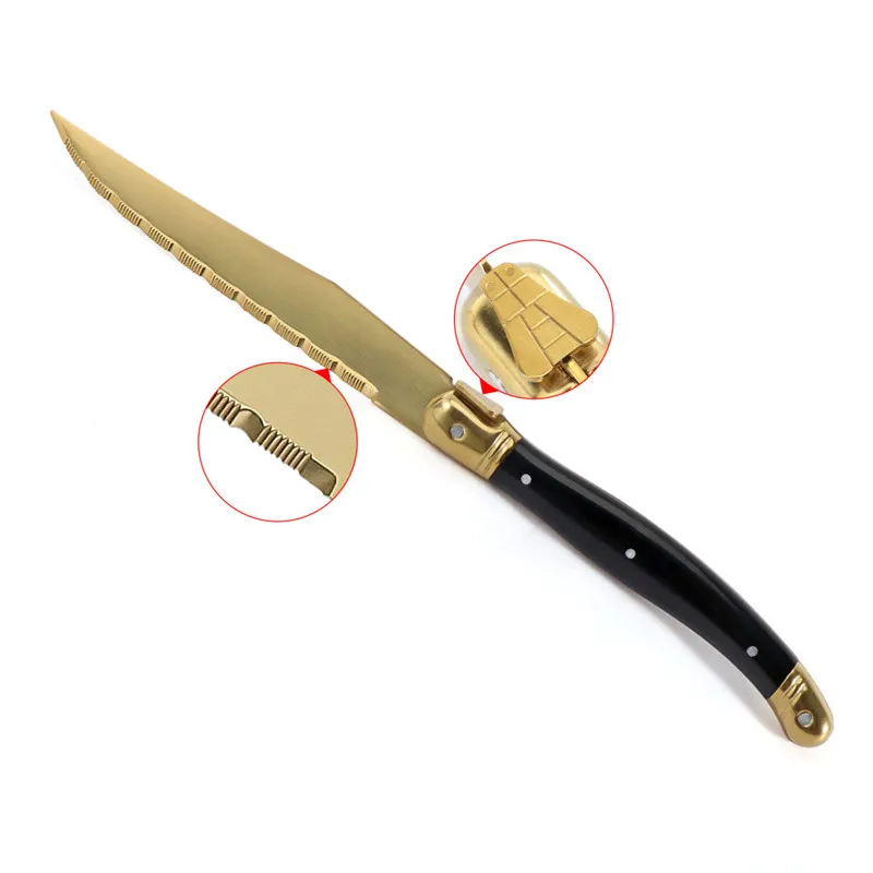 4-12Pcs 23CM 9inch Titanium Gold Plating Sharp Knives Laguiole Steak Knives Dinnerware Sets Black Golden Dinner Knife Xmas Gift