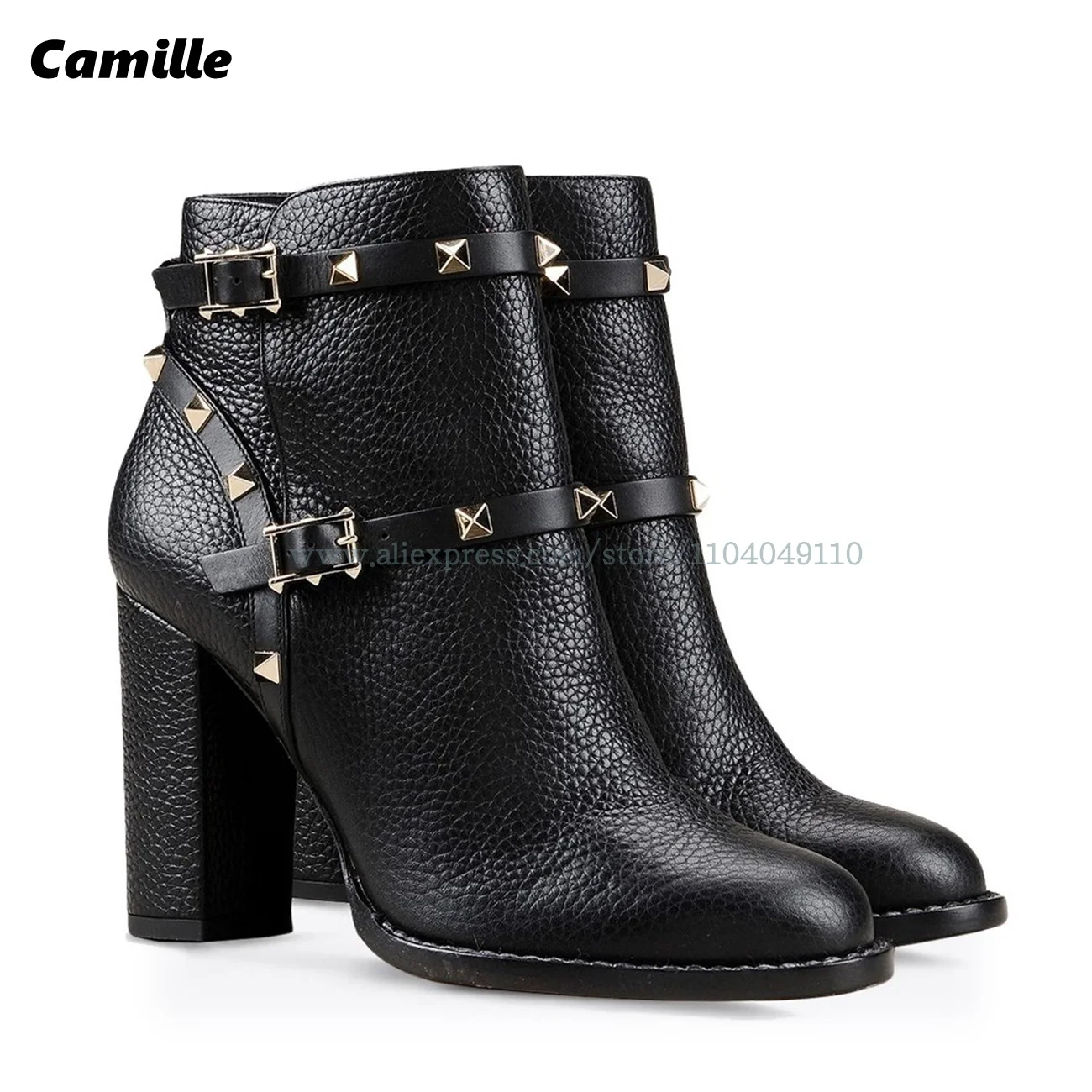 Genuine Leather Metal Rivet Belt Buckle Strap Ankle Boots Autumn New Size 34-45 Grace Lady Boots Round Toe Platform Casual Boots