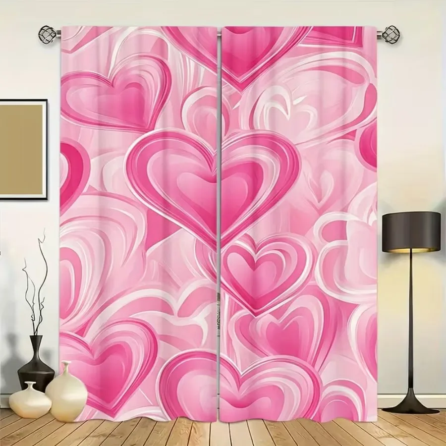 2PCS Digital Print Curtains, Pink Layered Overlapping Hearts, Dreamy Romantic Love Decor Soft Gradient Valentine Bedroom Drapes