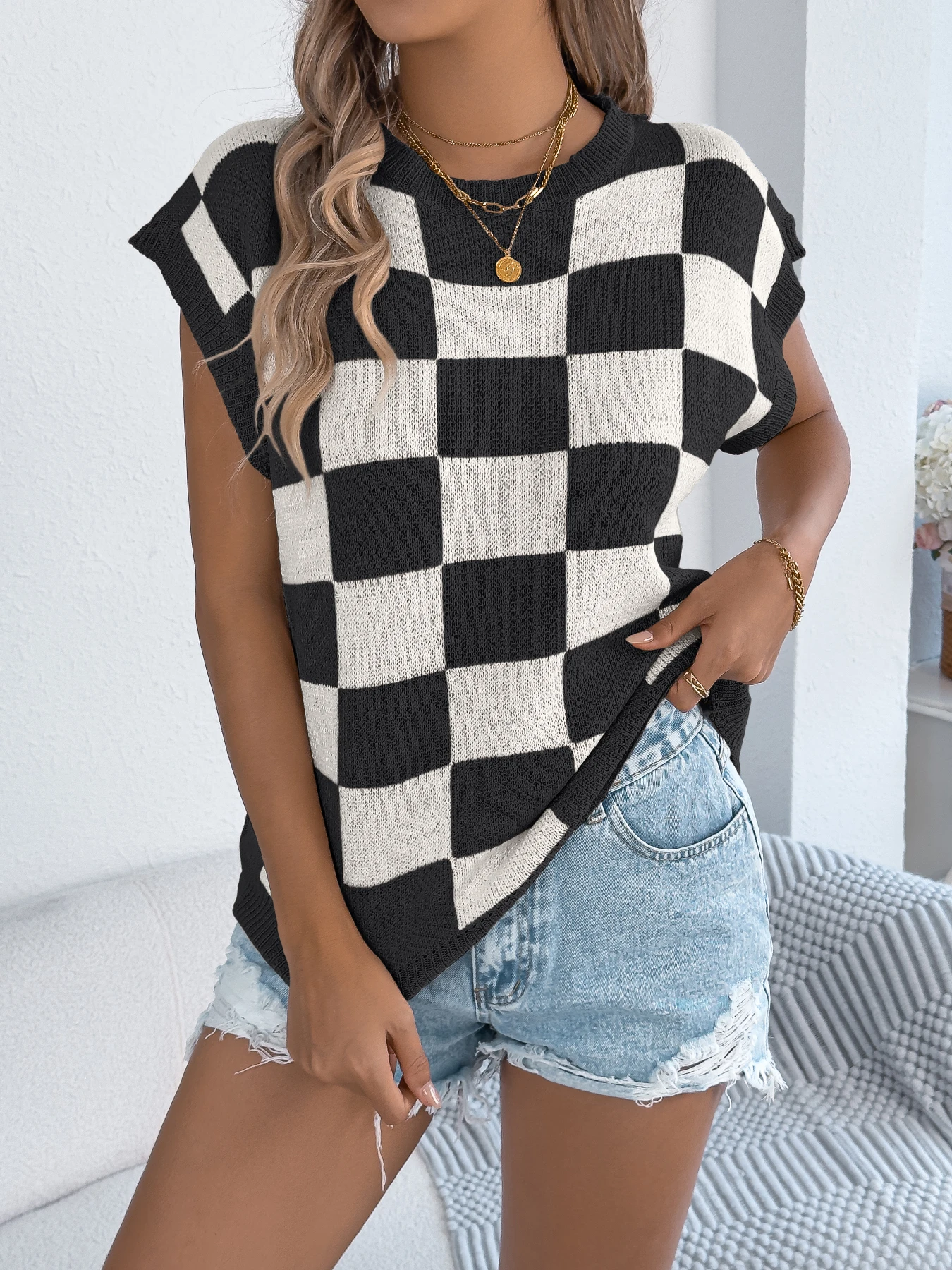 

Лето 2025 г., вязаный пуловер в клетку с цветными блоками, топы с круглым вырезом и короткими рукавами, черный, оранжевый, хаки, женская одежда