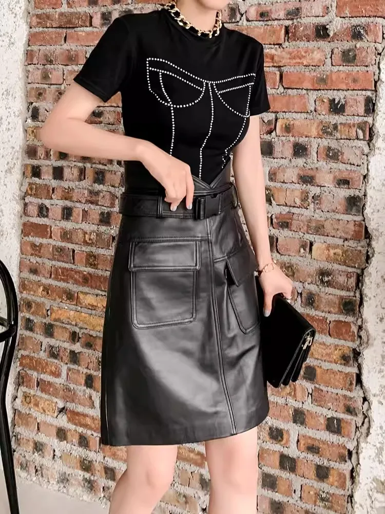 Genuine Leather Skirt Women High Waist Belted A Line Mini Wrap Skirt Spring Autumn New Female Slim Fit Soft Real Sheepskin Skirt