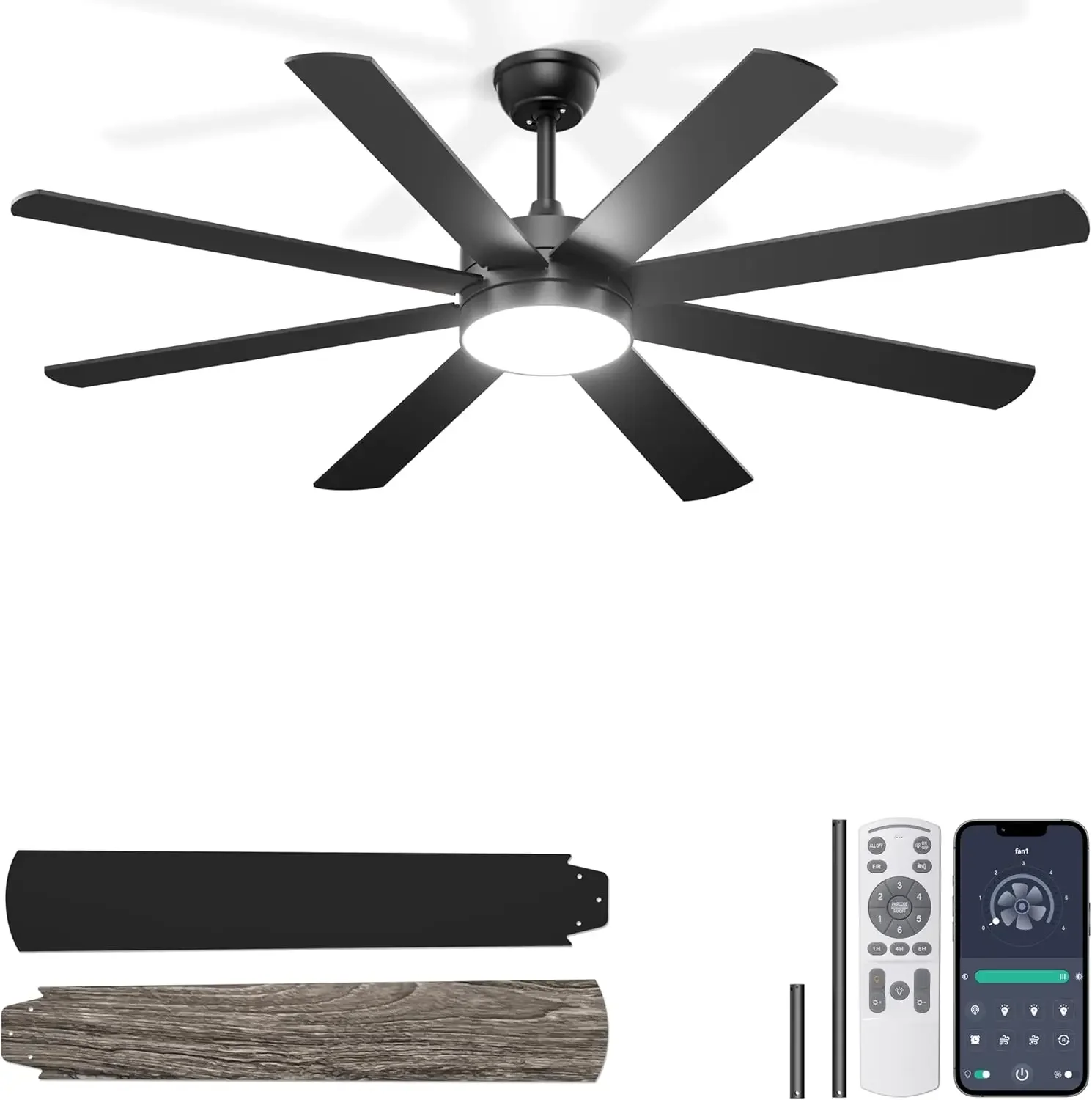 

60'' Ceiling Fans with Lights - Modern Black Ceiling Fan Remote/APP Control, Dimmable, Quiet DC Motor Ceiling Fan for Indoor/Cov