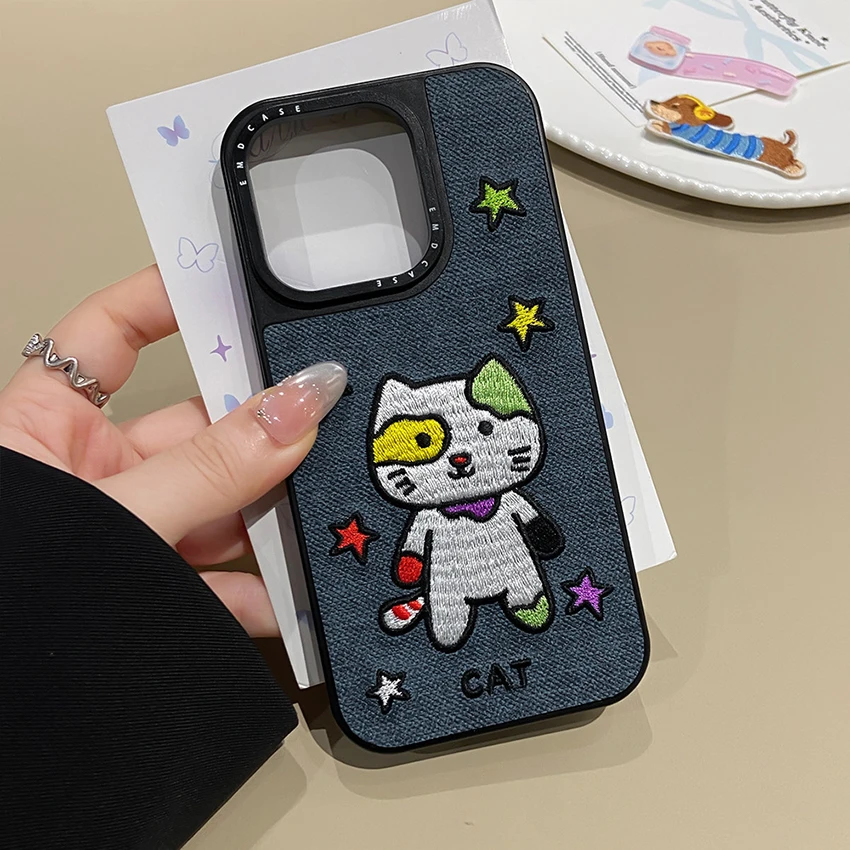 아이폰 17 16 15 14 13 Pro 12 11 Max Plus 16Pro 수제 패브릭 자수 강아지 폰 케이스 15Promax 커버 쉘