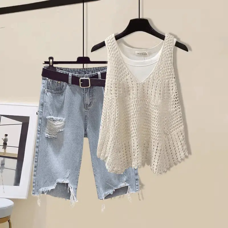 

Summer Casual Women's Hollow out Vest Tank Top Design Slimming Hole Denim Shorts Three Piece Set Fashionable Casual Wear