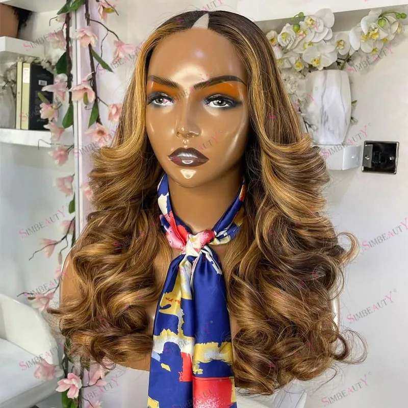 

Easy Wear Highlight Honey Brown Bayalage 1x4 Size Middle U Part 100% Human Hair Black Women Full Machine Made Wigs with Clips
