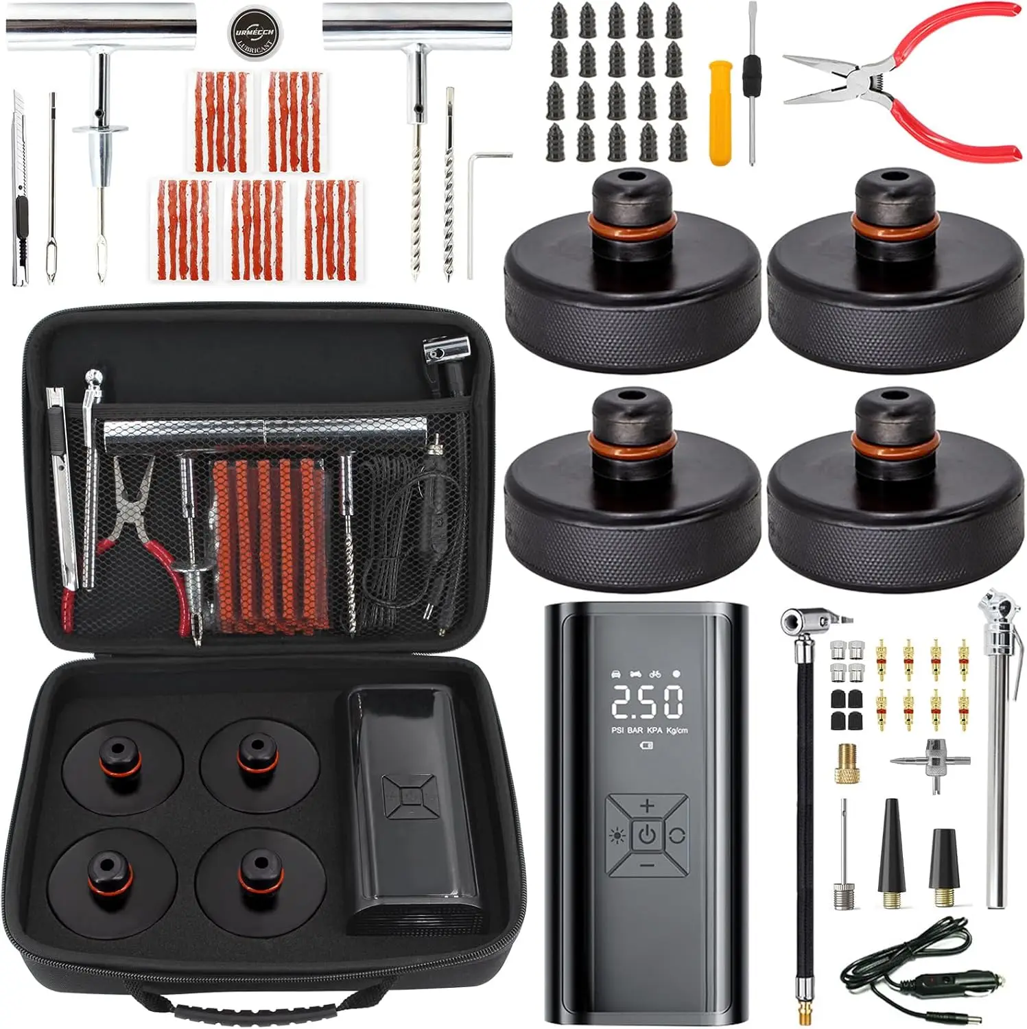 

4-Piece Rubber Lifting Pads with Tire Repair Kit and Digital Air Compressor for Car Maintenance